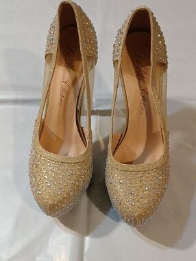 De Blossom Collection Gold Crystal Embellished Heeled Pumps